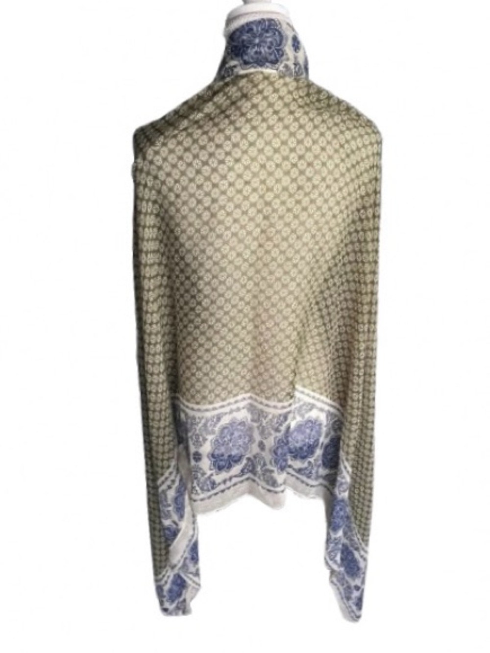 Vintage Scarf Wrap Olive Green Blue Floral Semi-Sheer Print Shawl boho Bohemian